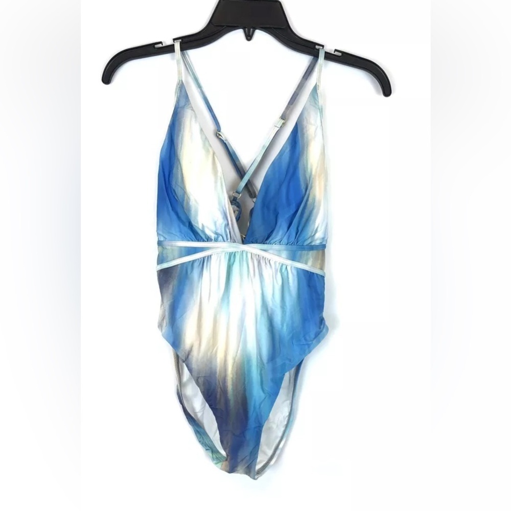 BCBG Maxazria Women’s Plunge Crossback One Piece Swimsuit Size 8, Blue/White